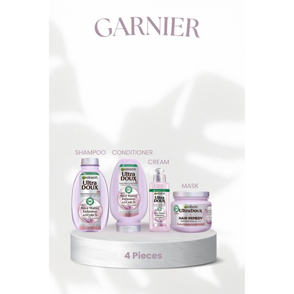 Garnier مجموعة الشعر بماء الأرز والنشأ من غارنيه الترا دوكس (شامبو400مل+بلسم360مل+كريم200مل+ماسك340مل)