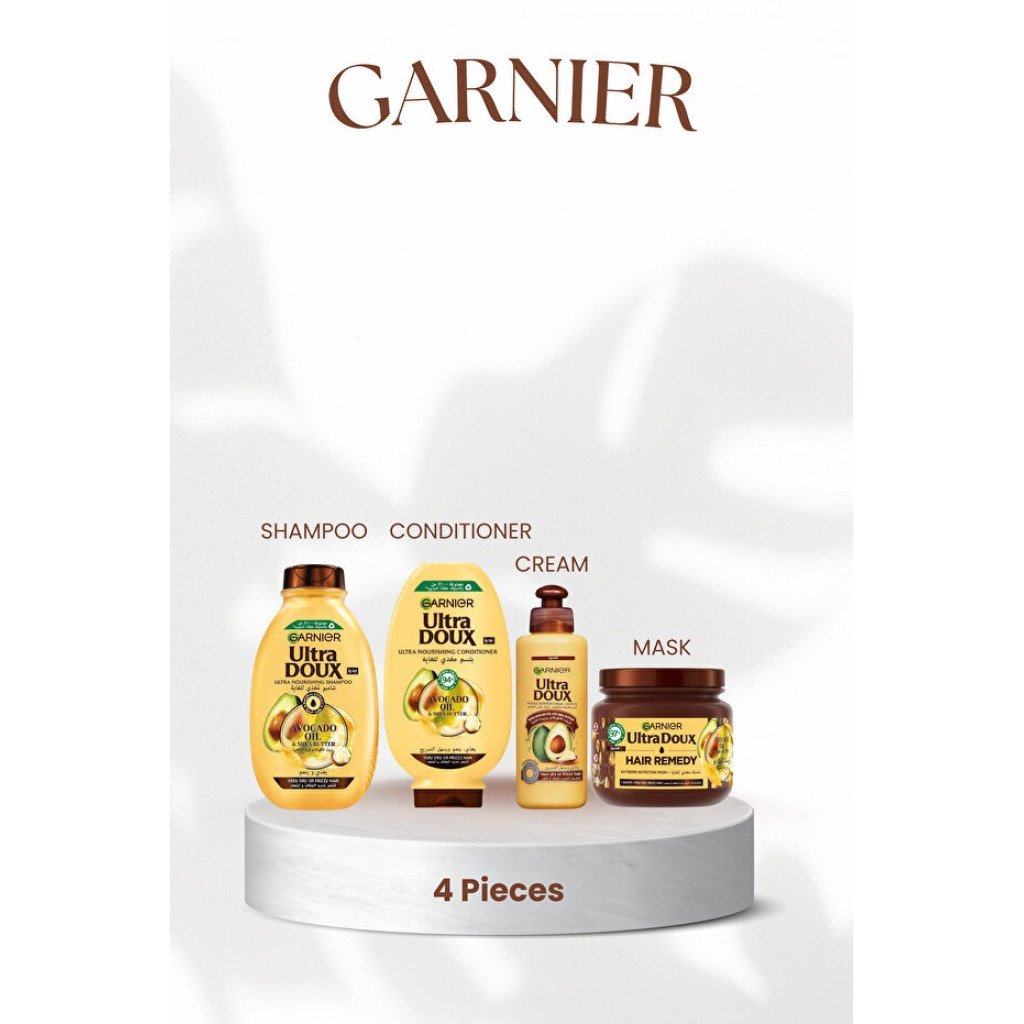Garnier مجموعة الشعر بالأفوكادو وزبدة الشيا من غارنيه الترا دوكس (شامبو400مل+بلسم360مل+كريم200مل+ماسك340مل)